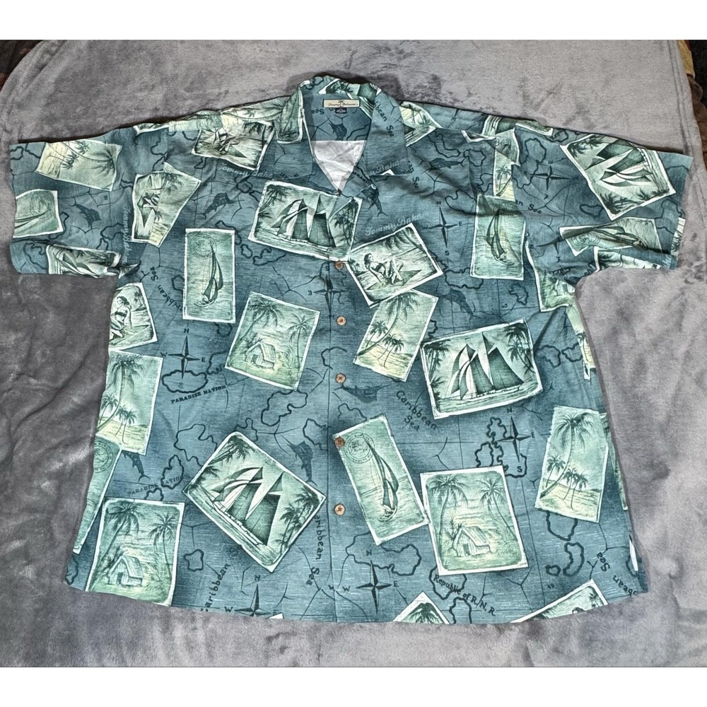 Tommy Bahama Shirt Mens 2XL Blue Silk Hawaiian Sailing Map Graphic Camp Aloha - Picture 1 of 9